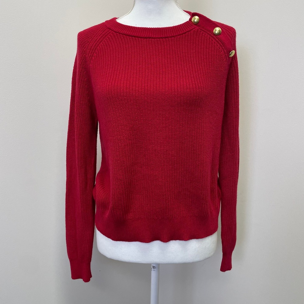 J.Crew Red Cotton Blend Shaker Knit Sweater Small Gold Button Shoulder Preppy